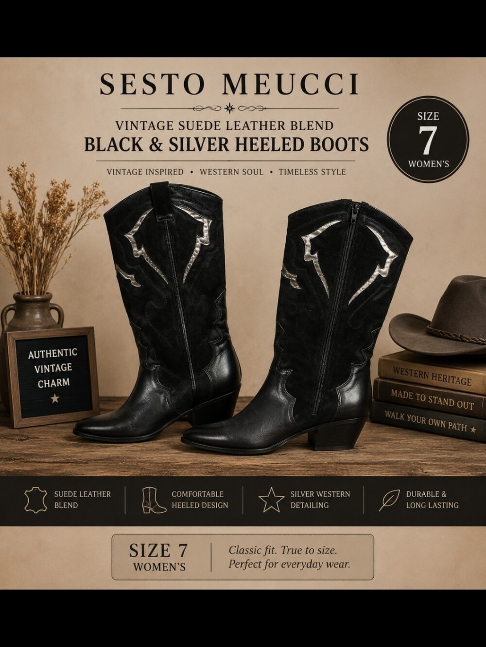 Sesto Meucci Vintage Suede Leather Blend Black and Silver Heeled Boots